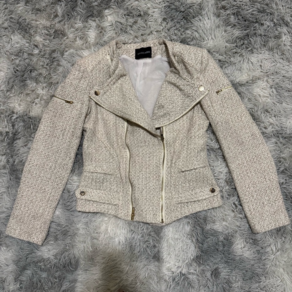 Dolce Cabo Women's Metallic Cream Textured Blazer XS Gold Zippers Moto Jacket